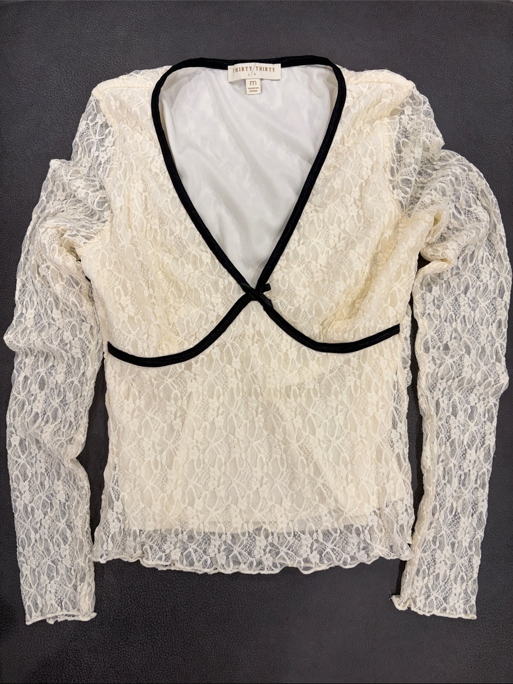 Ivory Lace Long-Sleeve Blouse with Black Trim